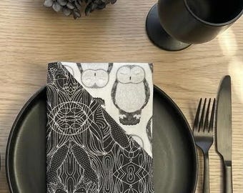Cotton Fabric Napkins – Foxy Owl, Set of 4 | Reversible Handmade in Oregon