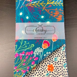 Teal Floral Cotton Napkins - Reversible Boho Table Linens, Set of 4
