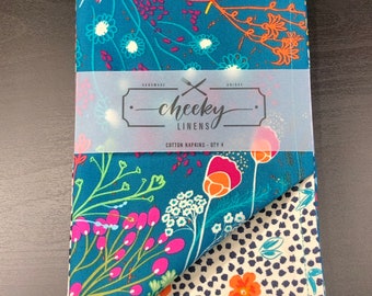 Teal Floral Cotton Napkins - Reversible Boho Table Linens, Set of 4