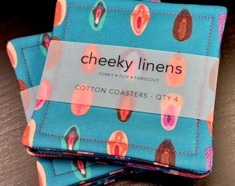 Coochie Coasters – Set of 4 Feminist Fabric Coasters | Vulva Art Coasters | Body Positive Home Decor | Cheeky Gift for Her