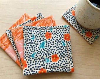 Set of 4 Reversible Cotton Fabric Coasters | Boho Floral Drink Mats