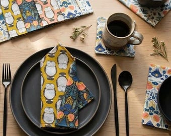 Nocturnal Owl Fabric Napkins | Reversible Cotton Botanical Table Linens (Set of 4)