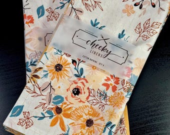Boho Peach Floral Napkins – Set of 4 Reversible Cotton Cloth Napkins – Cottagecore Decor