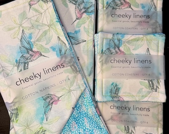 Hummingbird Watercolor Coasters Set of 4 | Reversible Fabric Drink Coasters | Cottagecore Decor