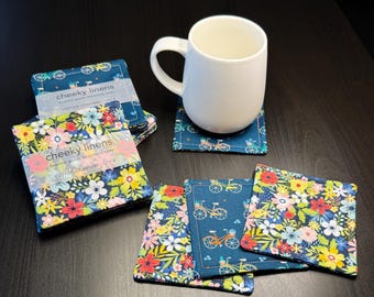 Bulbs and Bicycles Fabric Coasters | Set of 4 | Cotton Fabric Coasters | Cottagecore Housewarming Gift, Cute Boho Drink Coasters