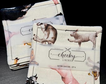 Yoga Animals Fabric Coasters | Set of 4 Reversible Cotton Drink Mats | Funny Farmhouse Decor