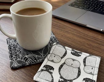 Fabric Drink Coasters – Foxy Owl, Set of 4 | Handmade, Reversible, Made in Oregon