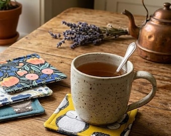 Nocturnal Owl Cotton Coasters | Reversible Botanical Drink Mats (Set of 4)