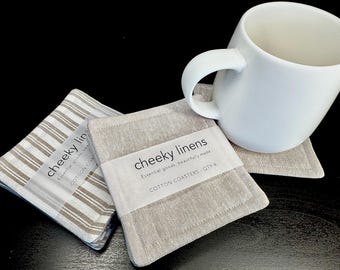 Linen Fabric Coasters Set – Mushroom Greige Stripes, Reversible Modern Farmhouse Decor
