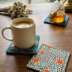 Boho Floral Teal Fabric Coasters (Set of 4) - Handmade Absorbent Cotton Drink Coasters