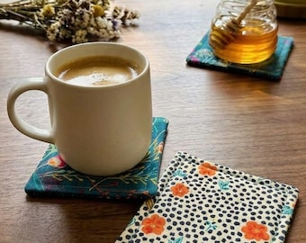 Boho Floral Teal Fabric Coasters (Set of 4) - Handmade Absorbent Cotton Drink Coasters
