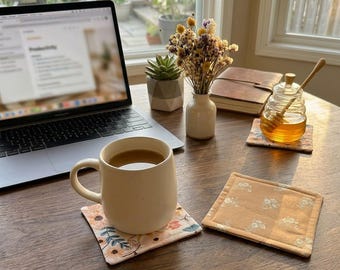 Boho Peach Floral Fabric Coasters Set of 4 - Reversible Cotton Mug Rugs - Handmade Cloth Coaster Gift - Absorbent Drink Mat