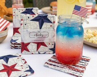 Patriotic Stars & Stripes Reversible Cotton Coasters | Set of 4