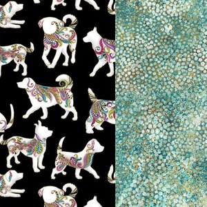 May include: Black fabric with a repeating pattern of white dogs with colourful paisley designs. The fabric is next to a turquoise fabric with a white polka dot pattern.