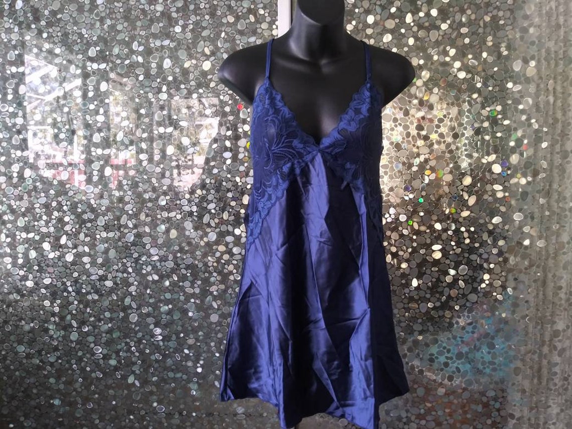 Midnight Blue Satin Teddy Babydoll Lingerie Nightgown | Etsy