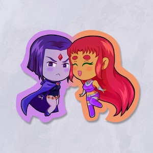 May include: A sticker featuring two cartoon characters, Raven and Starfire, from the Teen Titans. Raven is a purple-skinned character with long black hair and a purple cape. Starfire is a red-haired character with a purple and orange outfit. The sticker is on a white background.