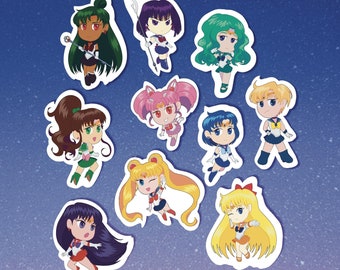 Naklejki winylowe Chibi Sailor Moon - Urocza matowa naklejka Sailor Guardians - Kawaii Anime Naklejka do Bullet Journal - Magiczna dziewczyna Naklejka na laptopa