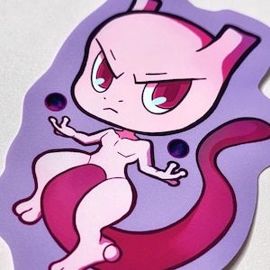 Chibi Mewtwo Vinyl Sticker - Cute Poke mon Sticker - Video Game Matte Sticker for Bullet Journal - Kawaii Anime Stickers for Water Bottle
