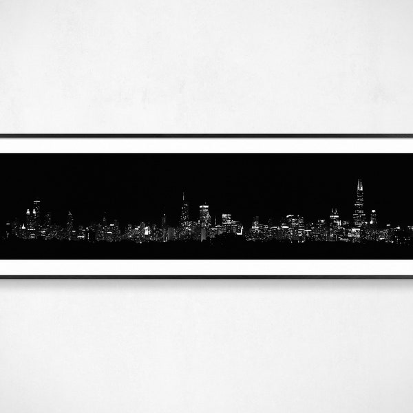 Chicago Skyline Black and White Panorama Photo Print Wall Art // Modern Minimalist Home Decor Panoramic Print // Chicago Architecture Print