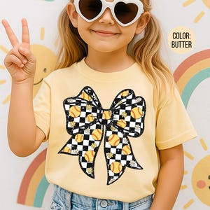 Comfort Colors Girls Checkered Coquette Softball Shirt, Softball Shirts for Kids