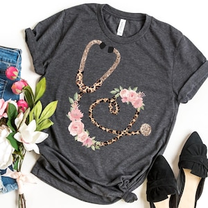 Nurse Leopard Stethoscope Shirt, Cute Leopard Nurse Shirt, NICU Nurse Shirt, ER Nurse Shirt, Floral Nurse Tee