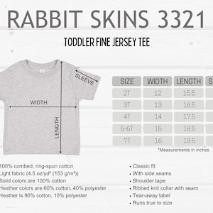 May include: A light gray toddler fine jersey tee shirt with size and measurement details. The shirt has a classic fit, side seams, and a ribbed knit collar. Measurements are in inches.