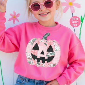May include: A bright pink sweatshirt featuring a patchwork pumpkin design. The pumpkin has a black face and a floral pattern. The sweatshirt is a vibrant pink color, perfect for Halloween or fall.
