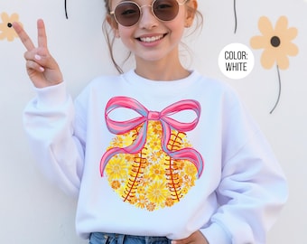 Girls Floral Softball Sweatshirt: Coquette Youth Softball