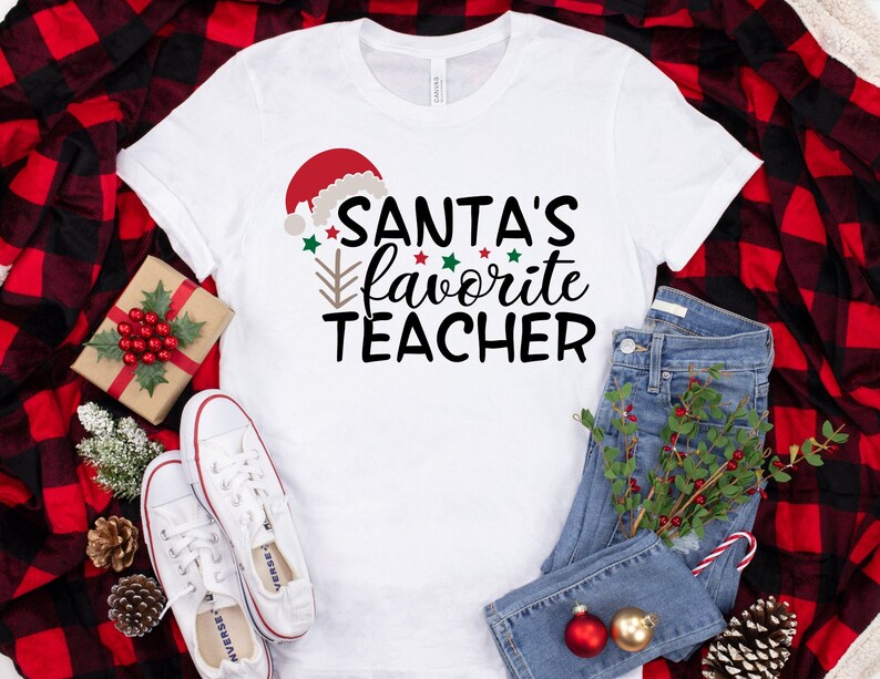 Santa/'s Favorite Teacher Design 2 Teacher Christmas Shirt Christmas Teacher Tee Teacher Shirt Field Trip Shirts for Teachers