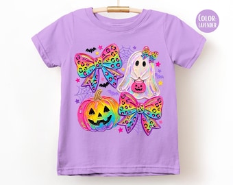 LAT Apparel Preppy Rainbow Leopard Ghost Shirt, Girls Colorful Halloween Shirts