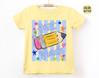 LAT Apparel Floral Pencil 1st Grade Shirt, Girls First Grade Shirts