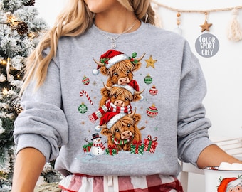 Christmas Highland Cow Sweatshirt, Cow Sweatshirts, Matching Holiday Sweaters