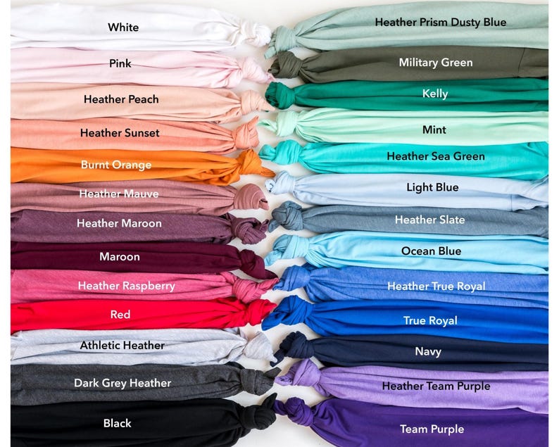 May include: A variety of t-shirt colors, including white, pink, heather peach, heather sunset, burnt orange, heather mauve, heather maroon, maroon, heather raspberry, red, athletic heather, dark grey heather, black, heather prism dusty blue, military green, kelly, mint, heather sea green, light blue, heather slate, ocean blue, heather true royal, true royal, navy, heather team purple, and team purple.