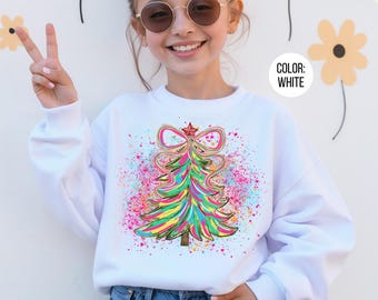 Colorful Christmas Tree Sweatshirt: Girls Preppy Holiday Clothing
