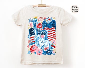 LAT Apparel Brushstroke Patriotic Statue of Liberty Shirt, Girls 4th of July Shirts