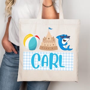 Boys Custom Shark Beach Tote Bag: Personalized Cotton Kids Bag