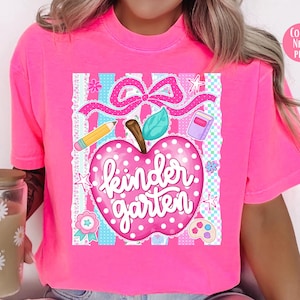 Comfort Colors® Preppy Pink Apple Kindergarten Shirt, Kindergarten Teacher Shirts