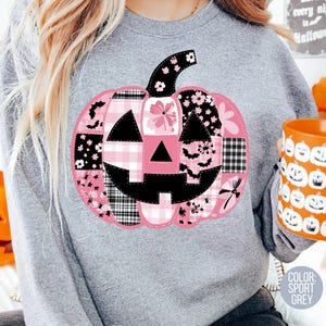 Pink Patchwork Jack O Lantern Sweatshirt, Cute Halloween Sweatshirt, Patchwork Pumpkin, Trick or Treat Sweatshirts, Halloween Party Shirt