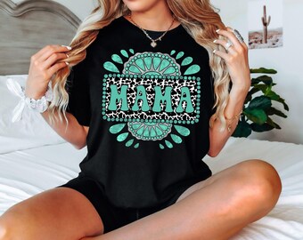 Turquoise Mama Shirt: Western Cow Print Mom Tee
