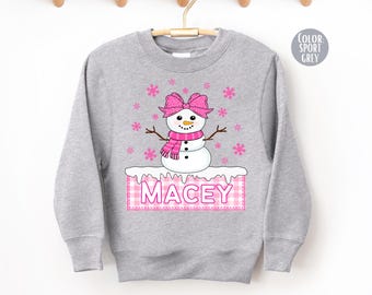 Girls Personalized Snowman Sweatshirt, Custom Name Girl Christmas Sweatshirts, Personalized Gift