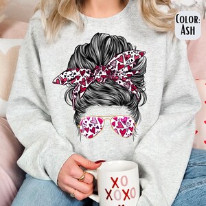 Valentine&#39;s Day Heart Messy Bun Sweatshirt: Lady XOXO Gift