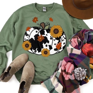 Fall Cow Print Pumpkin Sweatshirt: Autumn Leaves