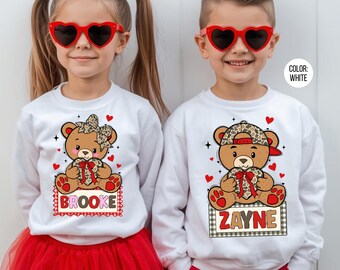 Sudaderas de osito de peluche con nombre personalizado para hermano y hermana, sudaderas para San Valentín