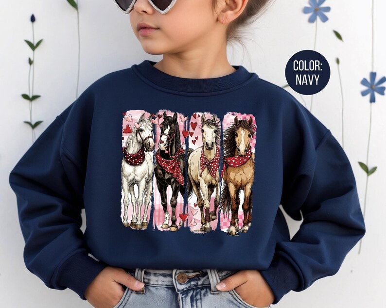 May include: Navy blue sweatshirt with a graphic of four horses wearing red bandanas, set against a pink heart backdrop. The sweatshirt has a crew neck and long sleeves. The colour is navy.
