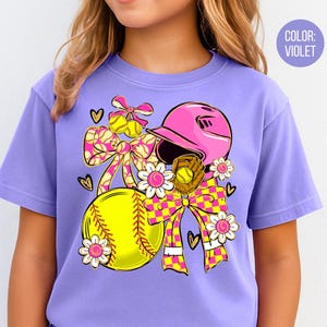 Comfort Colors Girls Preppy Checkered Softball Shirt, Kids Softball Shirts