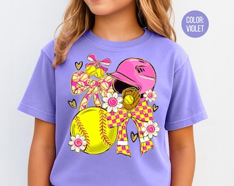 Comfort Colors Girls Preppy Checkered Softball Shirt, Kids Softball Shirts