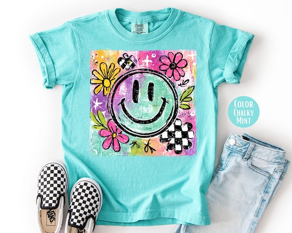 Comfort Colors Girls Retro Smiley Face Shirt, Girly Happy Face Tee