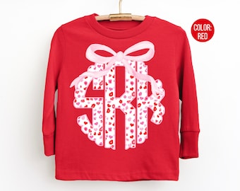 Girls Leopard Valentine Monogram Long Sleeve Shirt, Monogrammed Valentines Day Gift