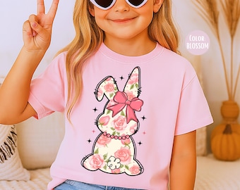Comfort Colors® Girls Pink Floral Bunny Shirt, Easter Shirts for Kids