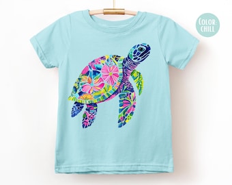 LAT Apparel Girls Floral Sea Turtle Shirt, Kids Summer Shirts